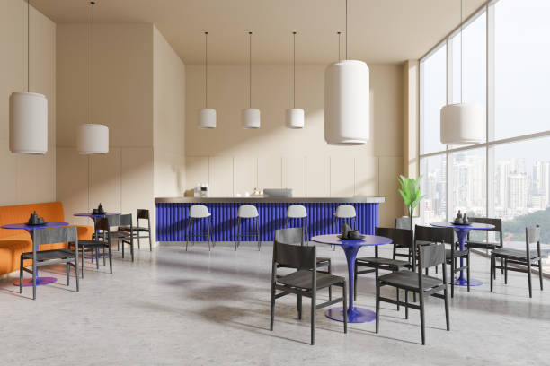 istock Stylish cafe interior with dining tables and bar island, panoramic window 2172312677