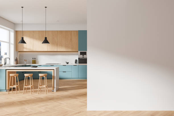 istock Colored home kitchen interior with eating and cooking zone, window. Mockup wall 2172312763
