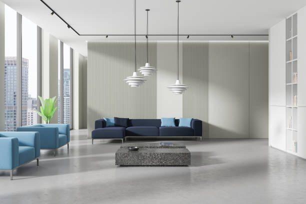 istock Modern home living room interior with sofa and armchairs, panoramic window 2172313152