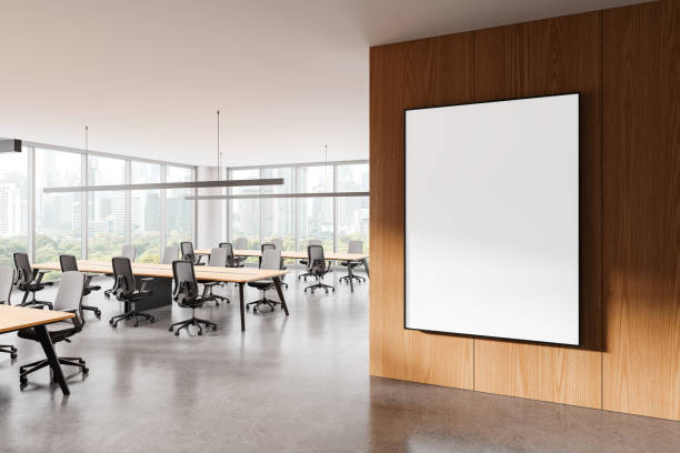 istock Office room interior with tables in row, panoramic window. Mockup frame 2172313681