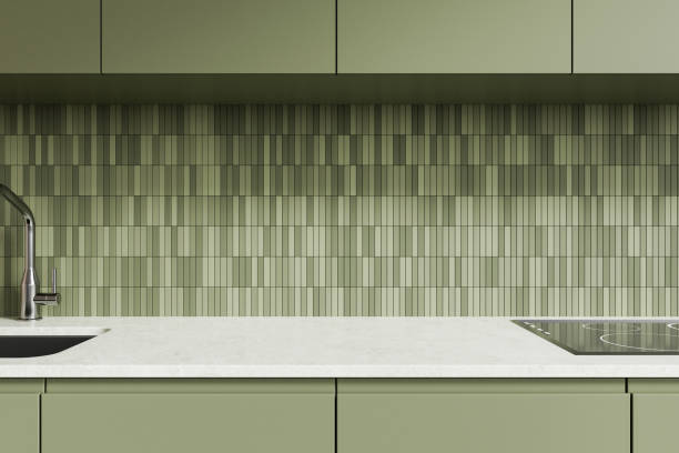 istock Stylish green home kitchen interior with washbasin and stove, empty space 2172313839