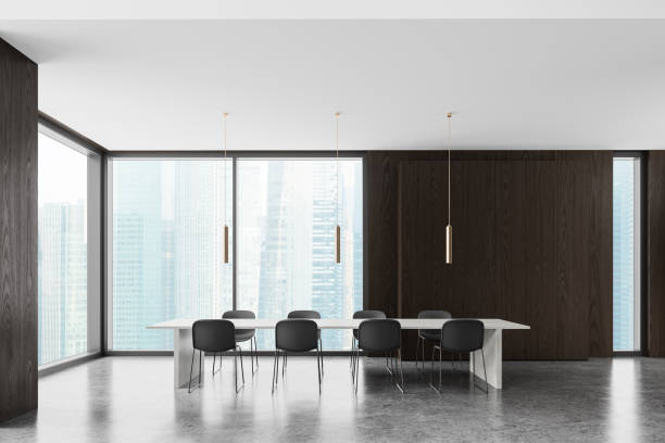 istock Modern meeting room interior with eating table and chairs, panoramic window 2172313898