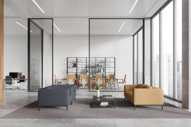istock Stylish business interior with rest and work zone, panoramic window 2172313919