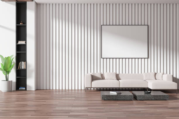 istock Stylish home chill room interior couch and shelf with decoration, mockup frame 2172314804