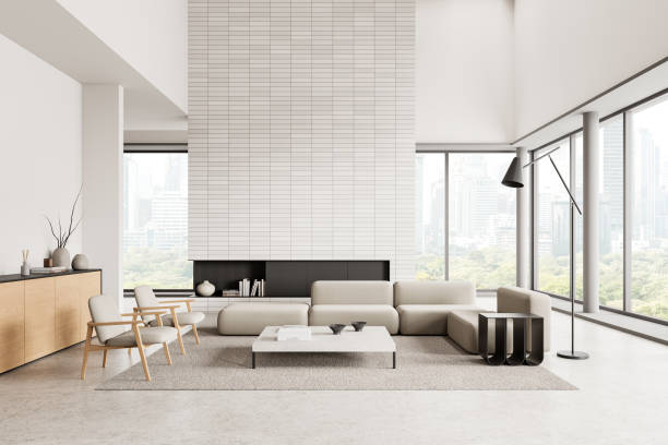istock Luxury living room interior with soft place and decoration, panoramic window 2172314974