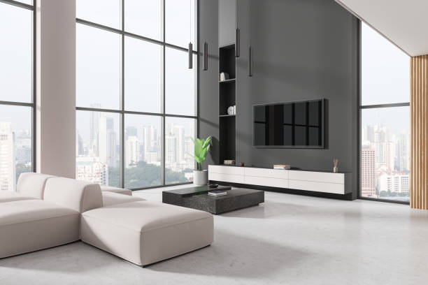 istock Modern living room with cityscape view through large windows. 3D Rendering 2172315441