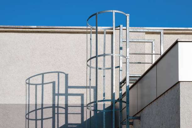 istock Fixed steel caged ladder on industrial building 2172318312