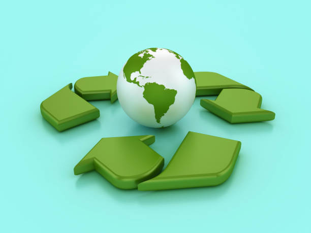 Globe World Map with Recycling Symbol - Colored Background - 3D rendering