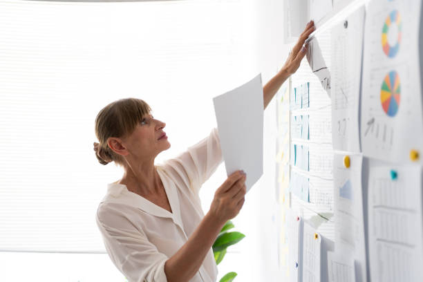 istock office with whiteboard with sticky notes, planning and brainstorming, idea. New project and employee, innovation strategist working in business 2172321658