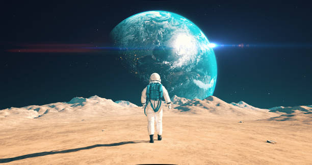 istock Brave Astronaut Walking On An Alien Planet. Beautiful Earth In Sky. 2172326120