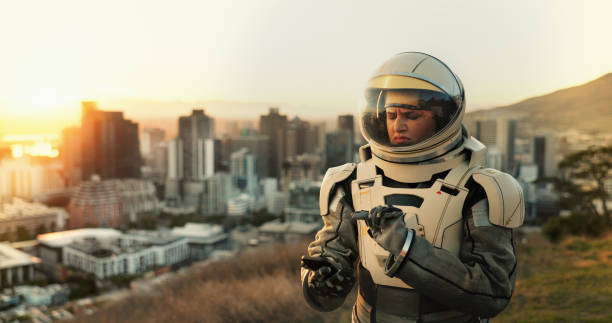 City, lost and phone with astronaut woman outdoor on planet on earth for space exploration or mission. Confused, helmet and map with interstellar person in urban town for adventure or discovery ciudad, perdida y teléfono con mujer astronauta al aire libre en el planeta en la tierra para la exploración espacial o la misión. confundido, casco y mapa con persona interestelar en una ciudad urbana para la aventura o el descubrimiento