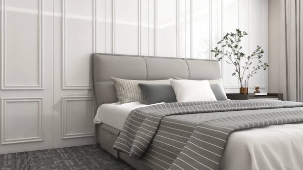 istock Gray bed with white bed sheet, blanket, pillow, bedside table on carpet floor in sunlight from sheer, blackout curtain on wainscot wall for interior design decoration, product background 3D 2172327241