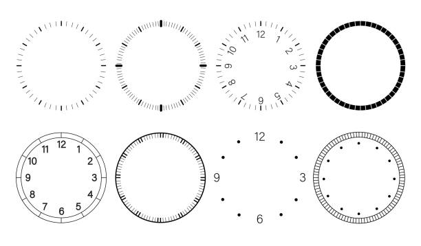 Mechanical clock set. Template for watches and infographics. Numeral clockwise. Circle and round clock face. Time measurement. Flat vector collection Mechanical clock set. Template for watches and infographics. Numeral clockwise. Circle and round clock face. Time measurement. Flat vector collection isolated on white background clock-hands stock illustrations