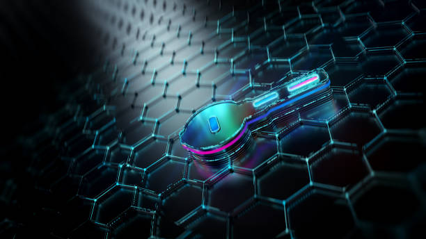 istock Digital authentication and digital key on hexagon background. Digital privacy concept. Futuristic digital key icon in world of technological progress and innovation 2172327797