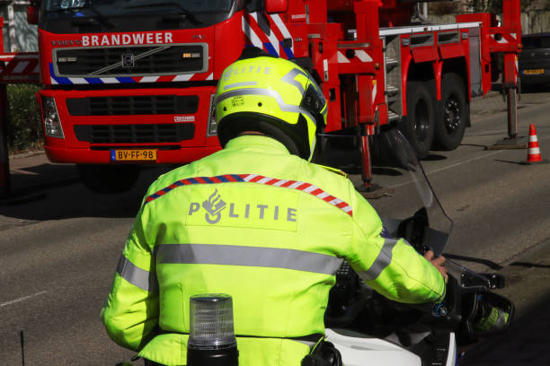 Several fire engines at a chimney fire in Nieuwerkerk aan den IJssel in the Netherlands