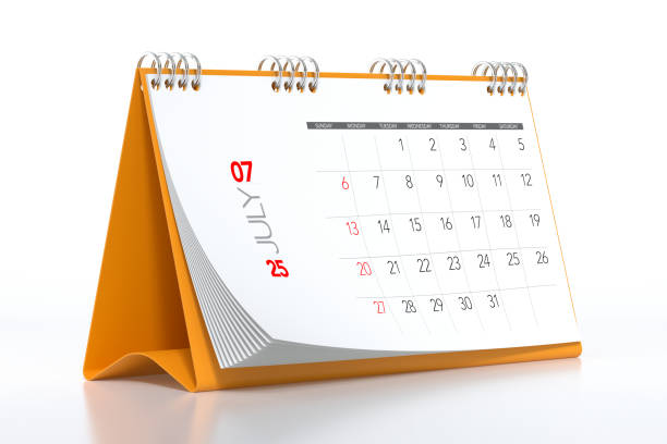 istock July 2025 Calendar and Thumbtacks on orange, white, background Background. 3d Rendering 2172332129