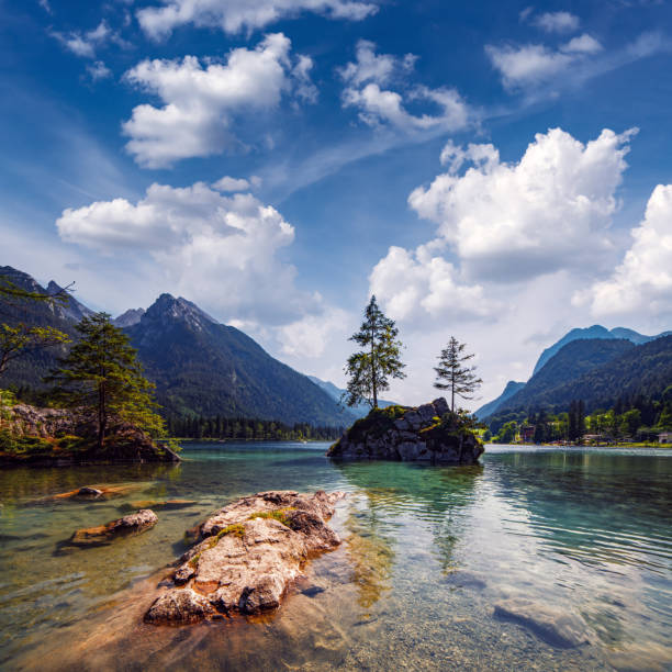 Amazing sunny summer day on the Hintersee lake in Austrian Alps, Europe. Landscape photography