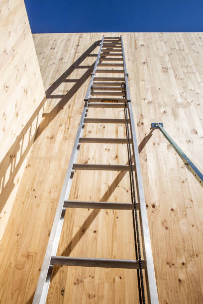 istock Ladder with timber wall and blue sky 2172340348