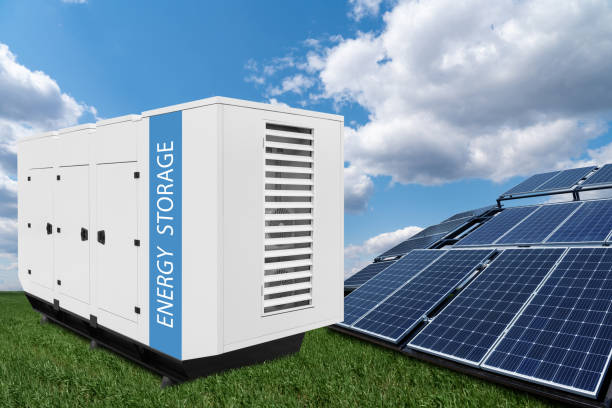 istock Solar panels with renewable energy storage in the green field. 2172343079