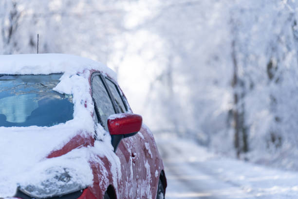 istock Car on a winter road through a snow covered forest. 2172345640