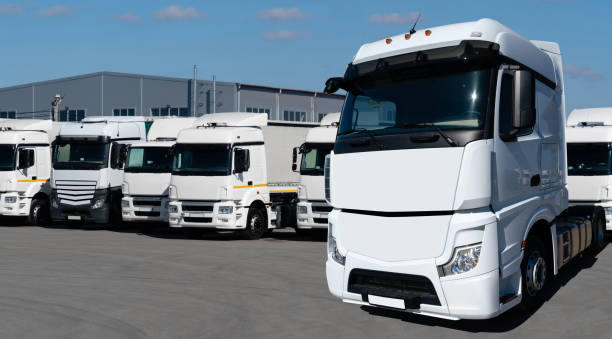 istock Fleet of white semi trucks in a rows 2172348175