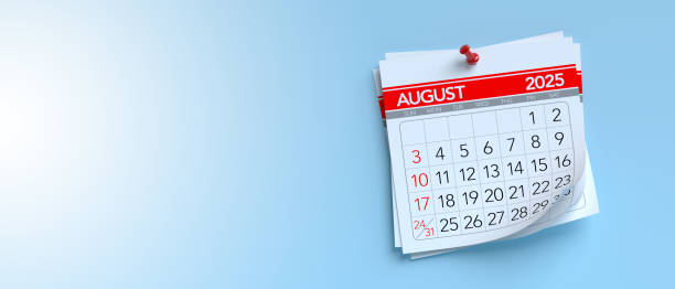 istock August 2025 Calendar. Isolated on Blue Background. 3d Rendering 2172351258