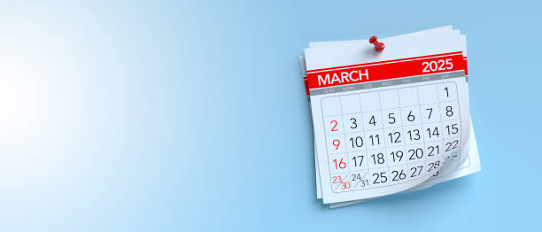 istock March 2025 Calendar. Isolated on Blue Background. 3d Rendering 2172351262