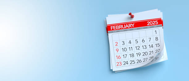 February 2025 Calendar. Isolated on Blue Background. 3d Rendering