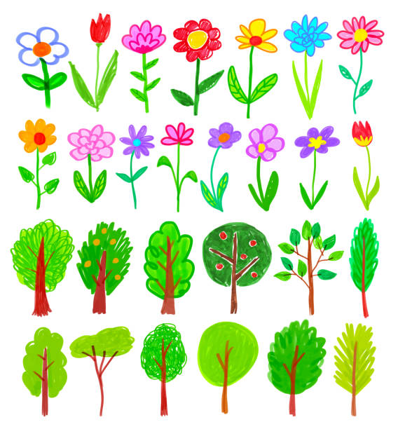 istock Set of child drawing of flowers and trees 2172352198