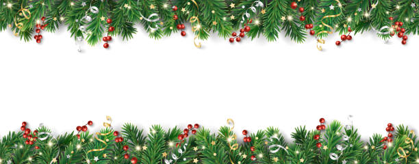 istock Christmas seamless decoration isolated on white background. Christmas tree border, frame. Holly berries and ribbons. For holiday headers, banners, party posters. Vector. 2172356032