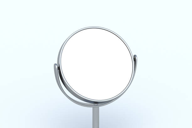 istock Round makeup mirror with white isolated space on gray background. Cosmetic accessories. 3d render 2172357226