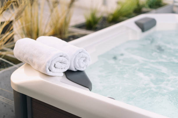 istock Outdoors bath on terrace with white fresh towels 2172357501