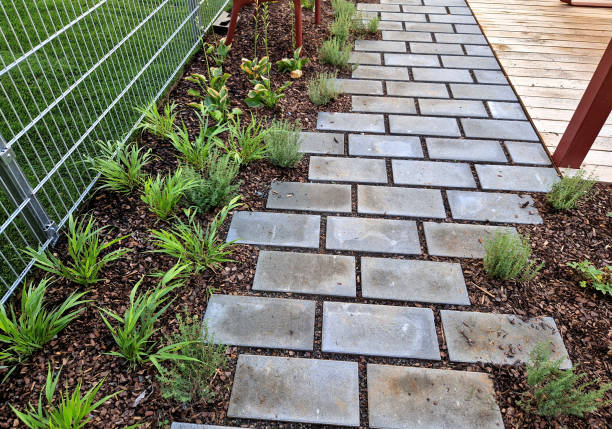 istock flat stones in the garden form a footpath with a bed mulched with bark chips. stepping stones in two rows guide visitors to the park 2172358903
