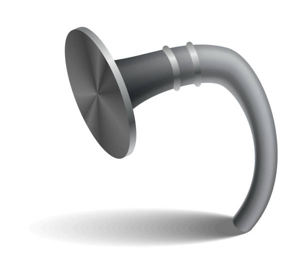 istock Hammered nail on surface. Iron, steel or silver pin head. Bent metal spike or hobnail with cap in cartoon style. Vector grey hardware for home construction, isolated on white background 2172358974