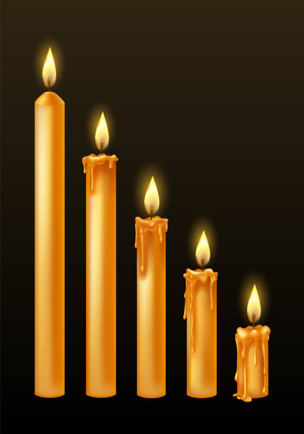 istock Burning candles with dripping or flowing wax. Yellow candles with golden flame. Lit and melted wax. Arranged from tall to low. Illustration of beautiful glowing candles on dark background 2172359377