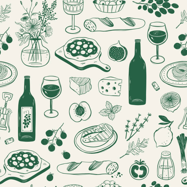 Mediterranean Cuisine Seamless Pattern. Hand Drawn Food Background for Menu design. Mediterranean Cuisine Seamless Pattern. Hand Drawn Food Background for Menu design. Vector illustration cheese texture seamless stock illustrations