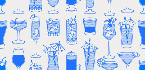 bezešvý vzor koktejlu. line art, retro. - koktejl modrá havaj stock ilustrace