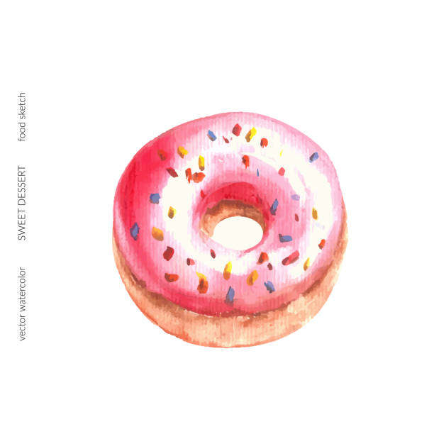 istock Hand drawn watercolor sweet dessert cake set. Pink donut, with glaze and sprinkles 2172366039