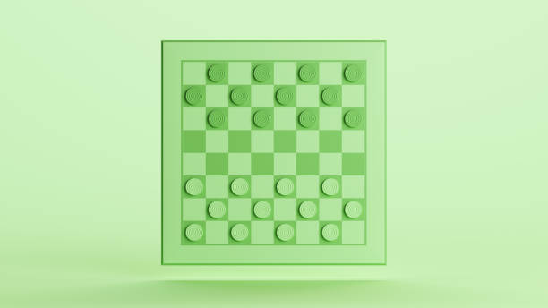 Checkers board counters strategy game set success green monochrome soft tones pale mint green background 3d illustration render digital rendering
