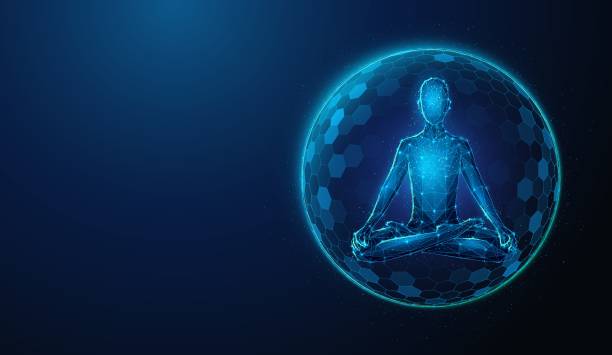 istock Abstract illustration of human figure sitting in lotus yoga pose protected by shield barrier in low poly style. Blue geometric background depicting mental health and meditation concept by wireframe connection structure 2172368706