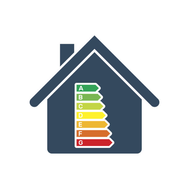 class house energy efficiency rating, european union ecological classes from green a to red g, vector icon thermal expansion stock illustrations