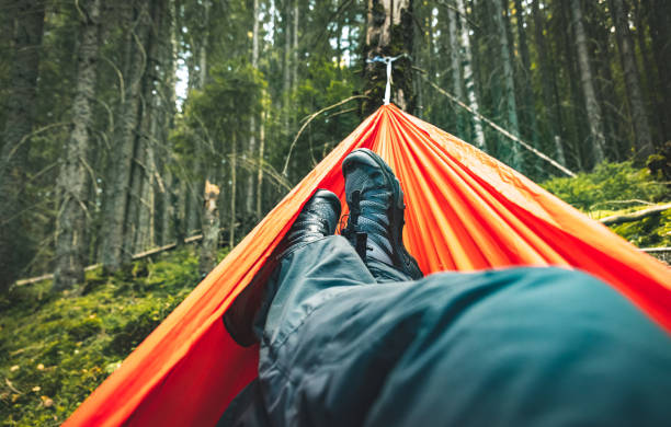 istock Hiking high in the mountains with a hammock, camping in the forest. 2172372221