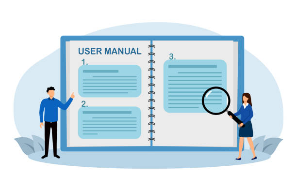 mitarbeiter mit benutzerhandbuch, handbuch oder handbuch in flacher design-vektorillustration. - bedienungsanleitung stock-grafiken, -clipart, -cartoons und -symbole