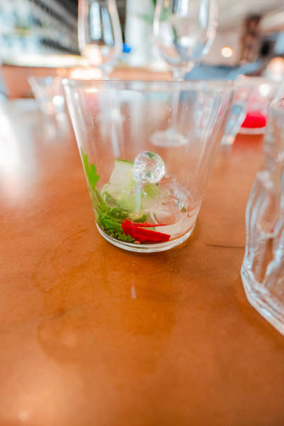 Empty Cocktail Glass with Ice Cubes and Vegetables