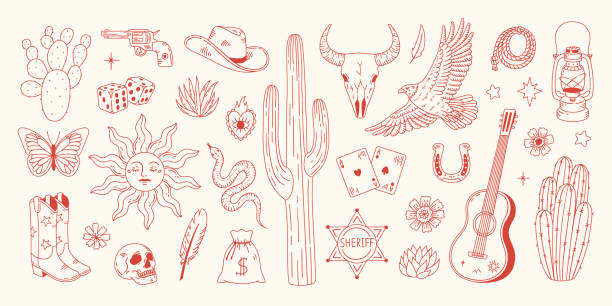Set of different wild west symbols. Hand drawn illustration in sketch line style.