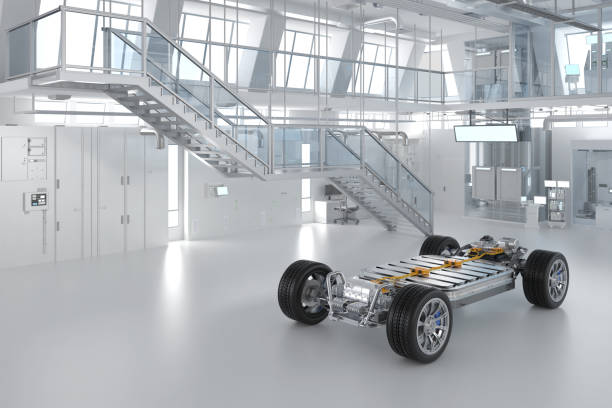 istock Ev car with pack of battery cells module on platform in laboratory 2172385069