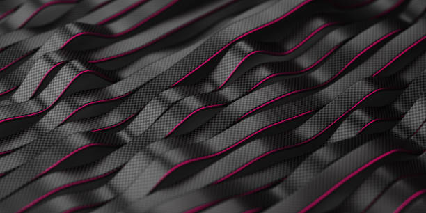 Black carbon fiber motion background. Technology wavy line with red glowing light 3d illustration