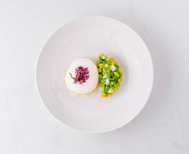 Gourmet appetizer dish with vegetable tartlet and creamy mousse on white plate