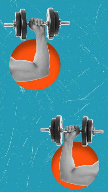 istock Modern art art collage showing hands with dumbbells on a blue background. 2172387773