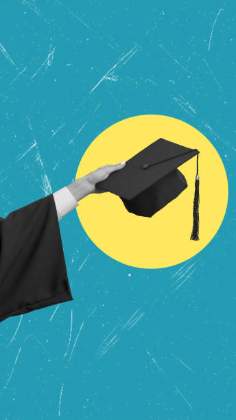 istock Modern art collage showing hands with a graduation cap on a blue background, copy space. 2172387775
